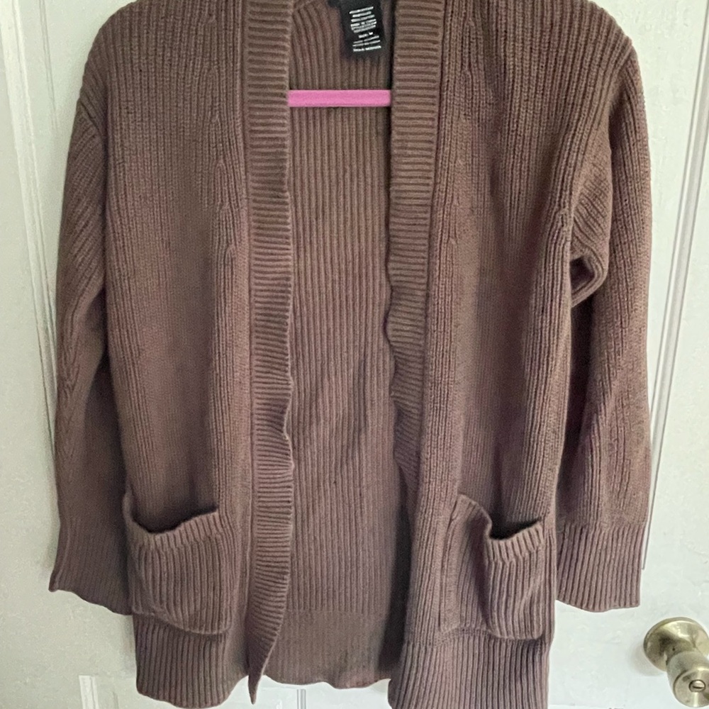 Open-Front Brown Ribbed Cardigan Sweater